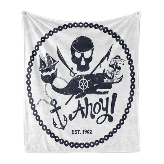 Anchor Soft Flannel Fleece Throw Blanket, Vintage Style Nautical Pirate Skull and Whale Design Ship Marine Image, Cozy Plush for Indoor and Outdoor Use, 50" x 70", Dark Blue White, by Ambesonne