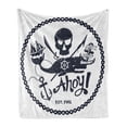 thumbnail image 1 of Anchor Soft Flannel Fleece Throw Blanket, Vintage Style Nautical Pirate Skull and Whale Design Ship Marine Image, Cozy Plush for Indoor and Outdoor Use, 70" x 90", Dark Blue White, by Ambesonne, 1 of 6