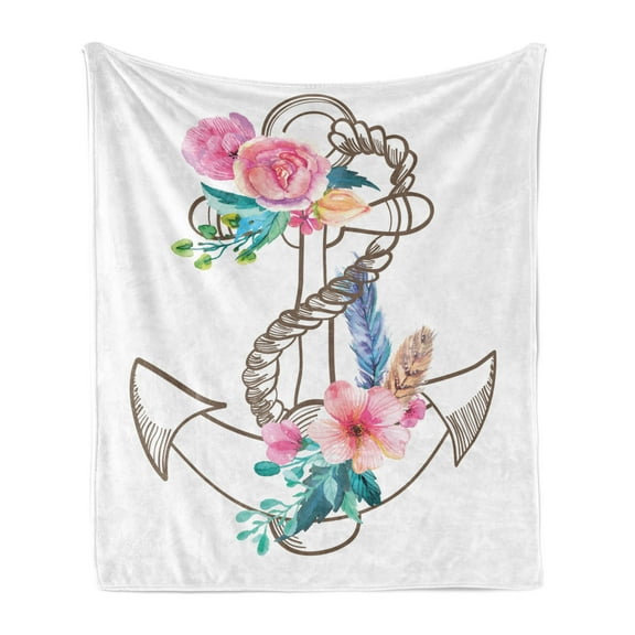 Anchor Soft Flannel Fleece Throw Blanket, Watercolor Spring Blossoms and Feathers on a Doodle Style Anchor, Cozy Plush for Indoor and Outdoor Use, 50" x 60", Brown Pale Pink, by Ambesonne
