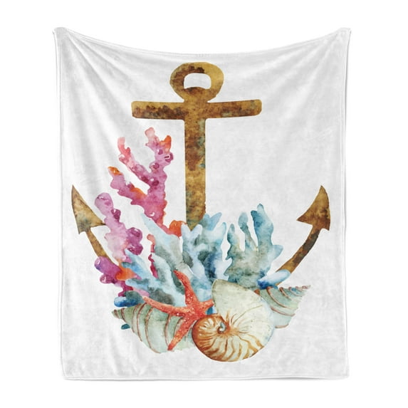 Anchor Soft Flannel Fleece Throw Blanket, Watercolor Style Starfish Seashell and Coral Colorful Nautical Arrangement Summer, Cozy Plush for Indoor and Outdoor Use, 60" x 80", Multicolor, by Ambesonne