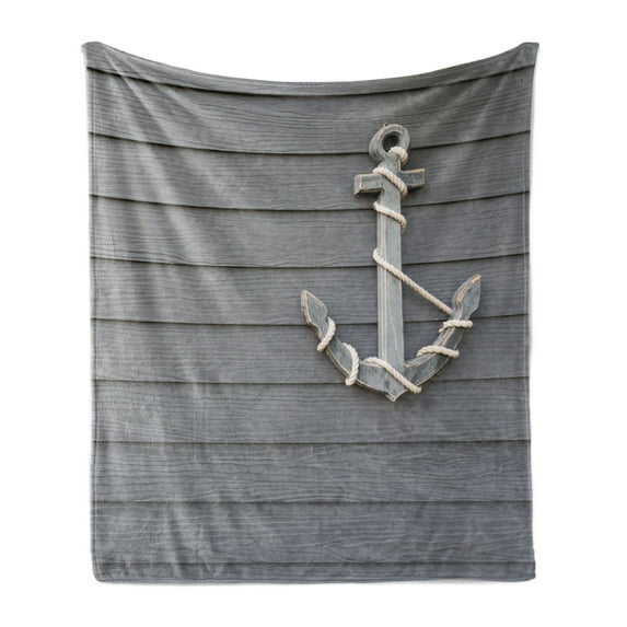 Anchor Soft Flannel Fleece Throw Blanket, Wooden Marine Rope on the Wall Antique Navy Nature Adventure Themed Art Work, Cozy Plush for Indoor and Outdoor Use, 60" x 80", Grey, by Ambesonne