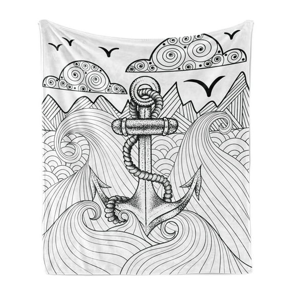 Anchor Soft Flannel Fleece Throw Blanket, Zentangle Style Ocean and Clouds Hand Drawn Arrangement Marine Theme, Cozy Plush for Indoor and Outdoor Use, 50" x 60", Black and White, by Ambesonne