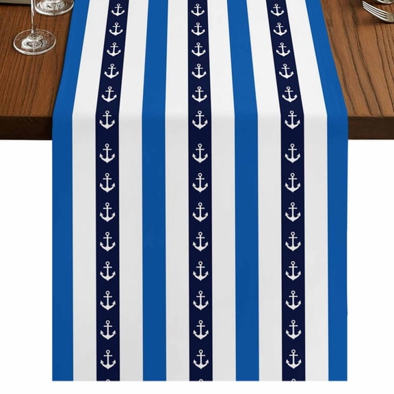 Anchor Stripe 48 Inch Table Runner, Navy Blue Nautical Coastal White Sea Farmhouse Dresser Scarf Cotton & Linen Tablerunner for Dining/Kitchen Island/Holiday Party Décor 13" x 48"