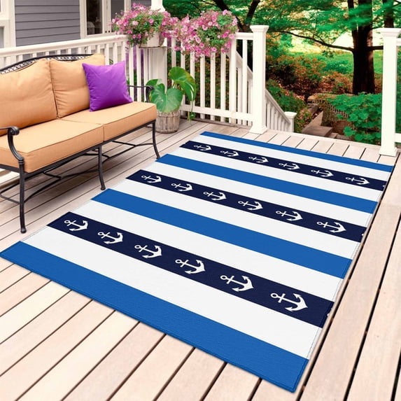 Anchor Stripe Outdoor Rug for Patio/Deck/Porch, Non-Slip Large Area Rug 3 x 5 Ft, Navy Blue Nautical Coastal White Sea Indoor Outdoor Rugs Washable Area Rugs, Reversible Camping Rug Carpet Runner