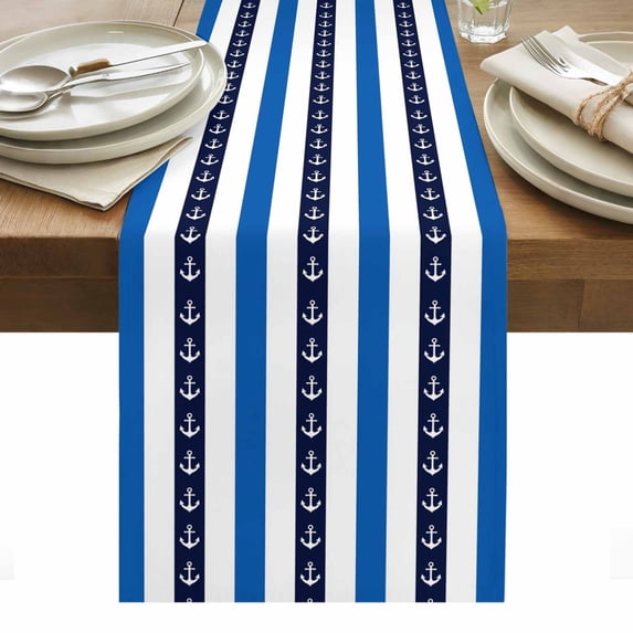 Anchor Stripe Table Runner - 60 Inch Long, Kitchen Dining Table Runner Dresser Scarves, Navy Blue Nautical Coastal White Sea Farmhouse Decor for Coffee Tables Wedding Party Banquet