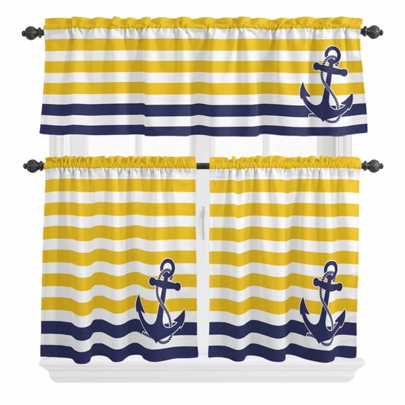 Anchor Striped Curtain Valances Set Ocean Sage Yellow and Blue Striped Decor Kitchen Curtains 24 inch Length Rod Pocket Valance and Tiers 3 Piece Set Small Bedroom Bathroom Laundry Decor