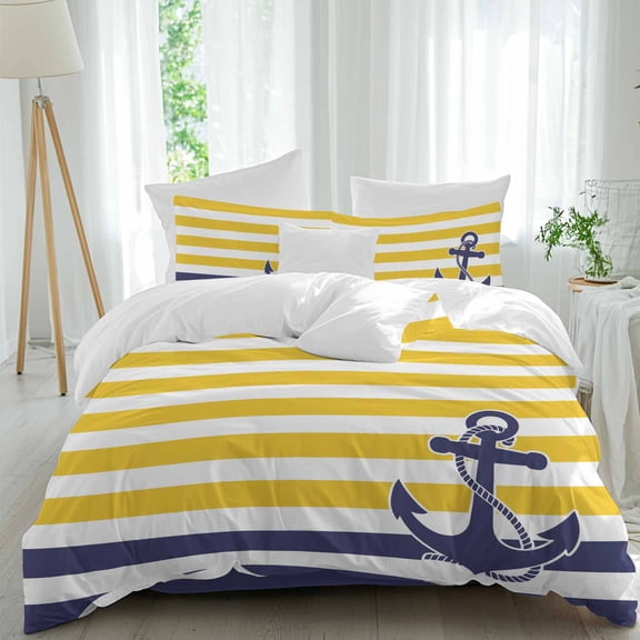 Anchor Striped Full Size Comforter Set, Ocean Sage Yellow and Blue Striped Decor Bedding for All Seasons, 4 Pcs Bed Set, 1Quiltcover (86"x86") ,1Sheet(80"x116"), 2Pillowcases (30"x20")