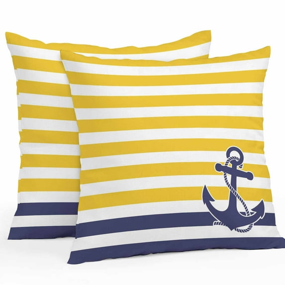 Anchor Striped Outdoor Pillow Covers Set of 2 Ocean Sage Yellow and Blue Striped Decor Waterproof Throw Pillow Case Decorative Square Cushion Cover for Patio Couch Garden Balcony, 26"x26"
