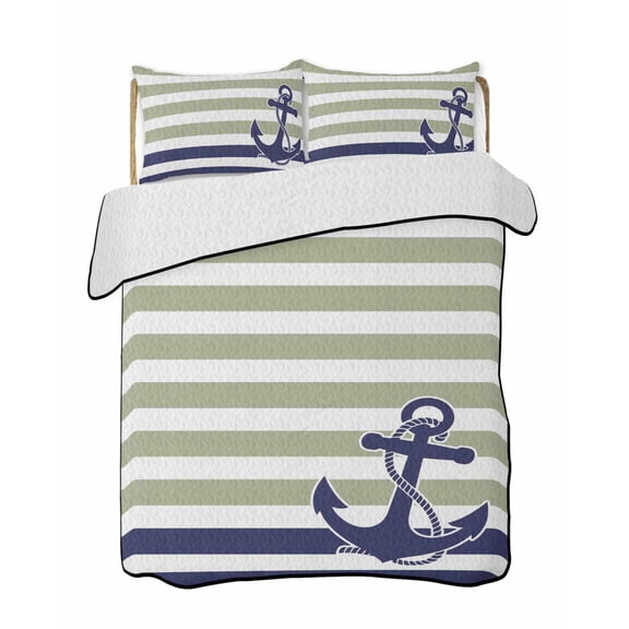 Anchor Striped Quilts Bedding Set Full Size Ocean Sage Green and Blue Striped Decor Lightweight Quilted Bedspread 3 Piece Bed Quilt with 2 Pillow Shams All Season for Bedroom 68" x 98"