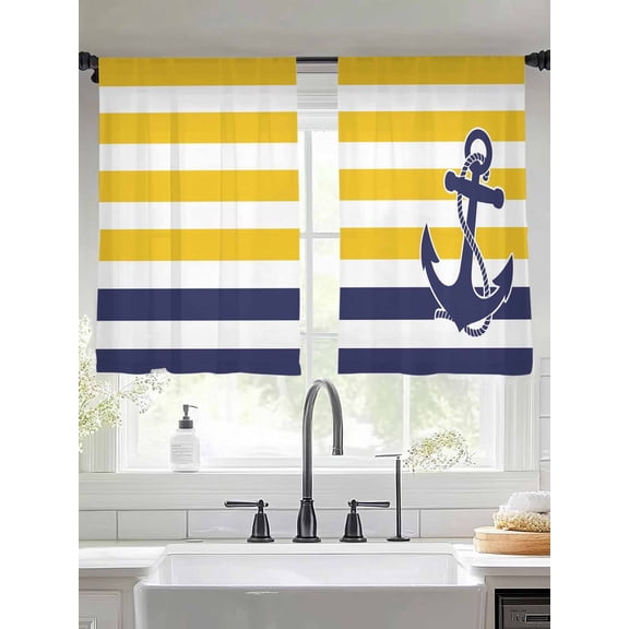 Anchor Striped Sheer Curtains 54 Inches Long 2 Panels Ocean Sage Yellow and Blue Striped Decor Light Filtering Semi Sheer Window Curtains Drapes for Bedroom Living Room 52"x54"