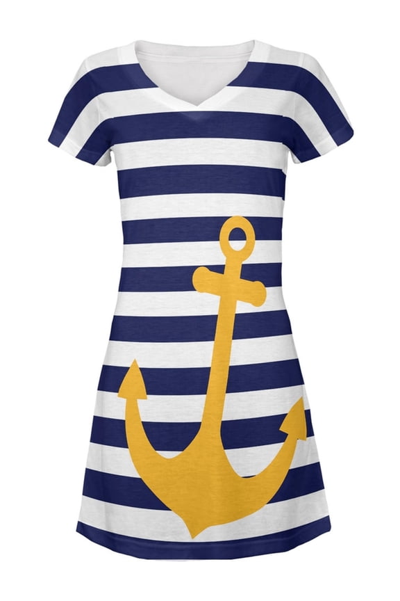 Anchor Stripes Navy & White All Over Juniors V-Neck Dress