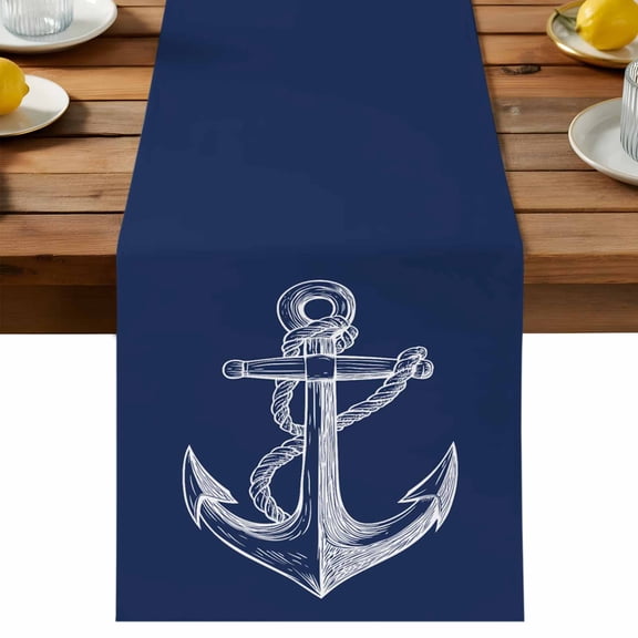 Anchor Table Runner, Nautical Knot Cotton Linen Table Cloth, Navy Blue Tablerunner for Kitchen Dining Party Wedding Home Decor 13x48 Inch