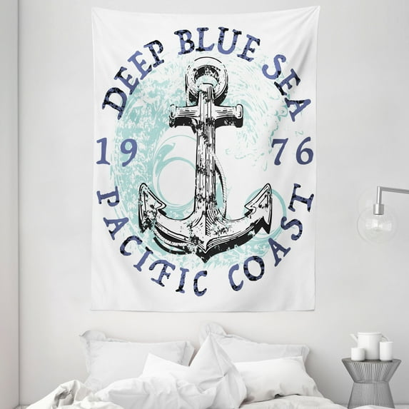 Anchor Tapestry, Deep Blue Sea Pacific Coast Vintage Emblem from 1976 Grungy Display, Wall Hanging for Bedroom Living Room Dorm Decor, 60W X 80L Inches, Dark Blue Pale Blue Black, by Ambesonne