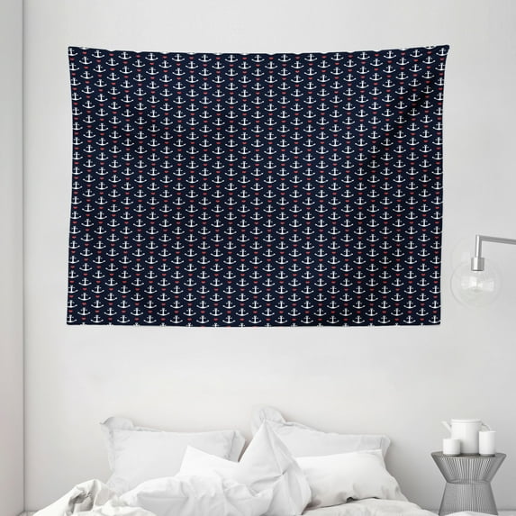 Anchor Tapestry, Romantic Cruise Trip Pattern Little Hearts Vacation Sailor Love the Sea, Wall Hanging for Bedroom Living Room Dorm Decor, 80W X 60L Inches, Black Vermilion White, by Ambesonne