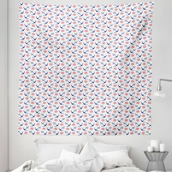 Anchor Tapestry, Sea Inspired Pattern with Classical Sailing Theme Steering Wheel, Fabric Wall Hanging Decor for Bedroom Living Room Dorm, 5 Sizes, Royal Blue Dark Coral, by Ambesonne