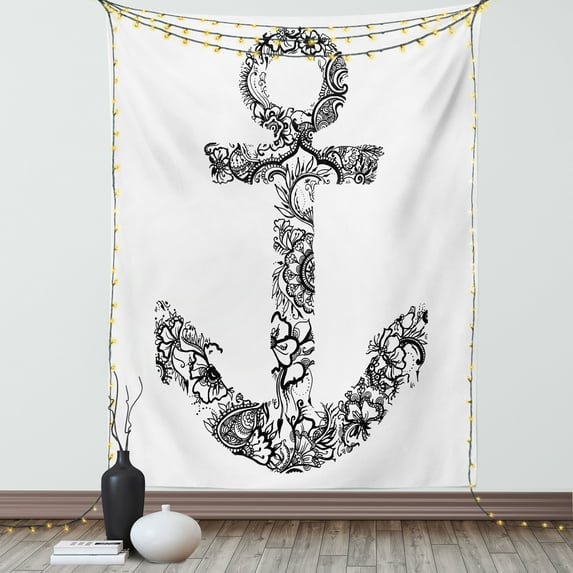 Anchor Tapestry, Anchor Shape Flower Floral Ornamental Silhouette Vacation Old Times Happiness Print, Wall Hanging for Bedroom Living Room Dorm Decor, 60W X 80L Inches, Black White, by Ambesonne