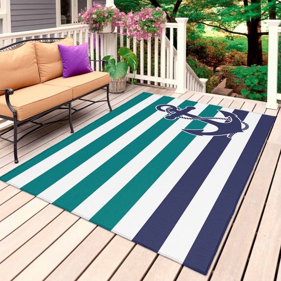 Anchor Teal Outdoor Rug 6x9 Ft, Non Slip Washable Area Rug, Modern Navy Blue White Striped Nautical Patio Rugs Carpet Runner, Large Floor Mat for Indoor/Outdoor Deck Porch Camping