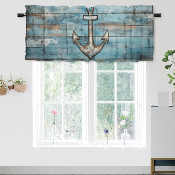 Anchor Thermal Insulated Window Curtain Valance Nautical on Rustic Blue Wooden Planks Privacy Decorative Rod Pocket Short Window Valance Curtains 54 by 18 in, 1 Panel