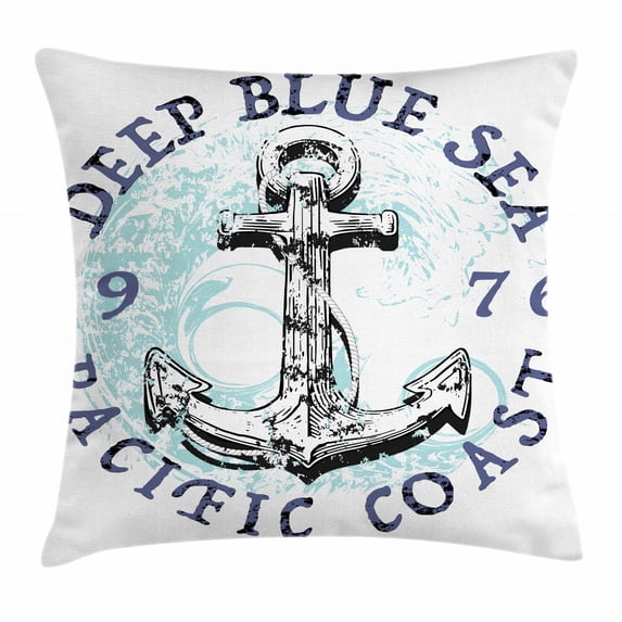 Anchor Throw Pillow Cushion Cover, Deep Blue Sea Pacific Coast Vintage Emblem from 1976 Grungy Display, Decorative Square Accent Pillow Case, 16 X 16 Inches, Dark Blue Pale Blue Black, by Ambesonne