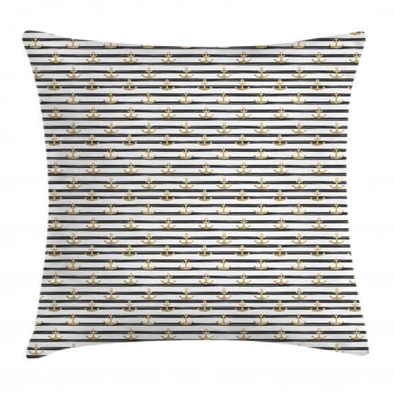 Anchor Throw Pillow Cushion Cover, Horizontal Black Stripes with Nautical Symbols Marine Theme Cruise Ocean Trip, Decorative Square Accent Pillow Case, 24 X 24 Inches, Black White Gold, by Ambesonne