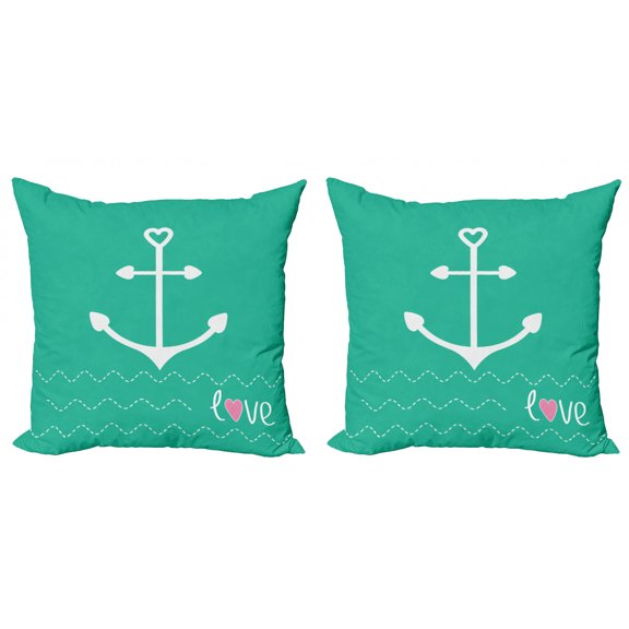 Ambesonne Nautical Throw Pillow Cover 2 Pack, Anchor Heart Shapes, 20", Green Pink White