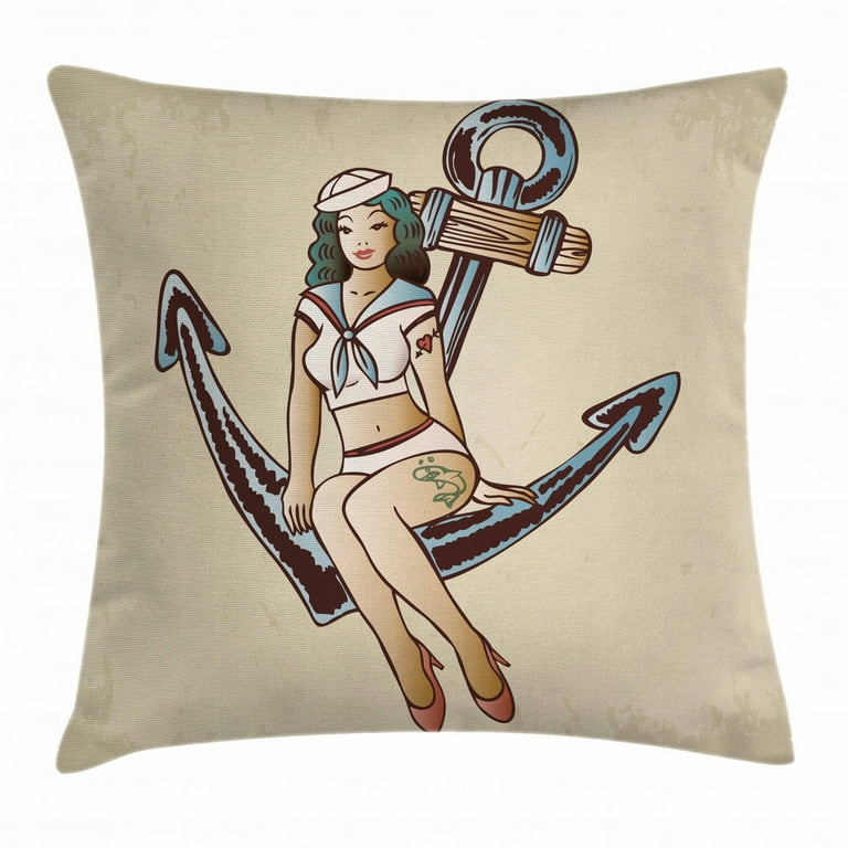 Anchor Throw Pillow Cushion Cover Pinup Girl with Sailor Outfit Shark and Heart Tattoo Vintage Twenties Illustration Decorative Square Accent Pillow