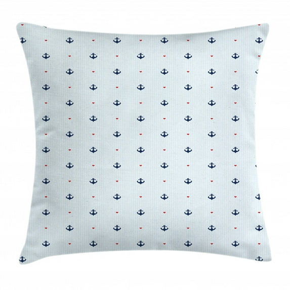 Anchor Throw Pillow Cushion Cover, Romantic Nautical Composition with Blue Anchors and Little Red Hearts, Decorative Square Accent Pillow Case, 20 X 20 Inches, Baby Blue Dark Blue Red, by Ambesonne