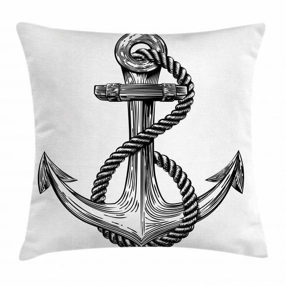 Anchor Throw Pillow Cushion Cover, Vintage Sketch Style Monochrome Rope Arrangement Naval Equipment Illustration, Decorative Square Accent Pillow Case, 18 X 18 Inches, Black and White, by Ambesonne
