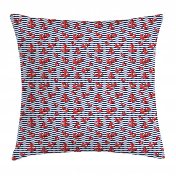 Anchor Throw Pillow Cushion Cover, Wavy Stripes with 3D Style Marine Anchors Summertime Classical Colors, Decorative Square Accent Pillow Case, 24 X 24 Inches, Vermilion Navy Blue White, by Ambesonne