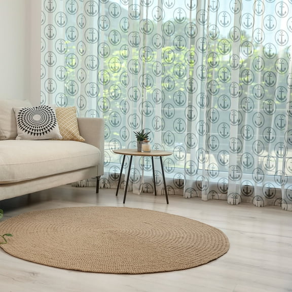 Anchor Tulle Curtains with Rod Pocket, Floral Patterned in Marine Circles Monochrome Navy Summer, Sheer Drape for Wedding Party 2 Panels, 7 Sizes, Black White, by Ambesonne