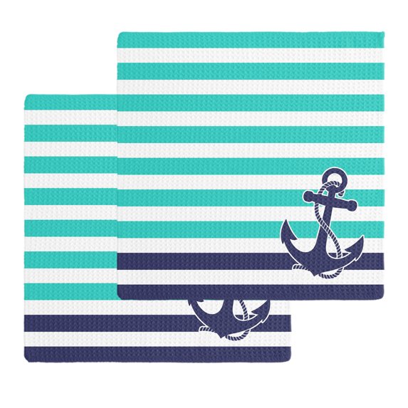 Anchor Turquoise Kitchen Dish Towels for Drying Dishes Set of 2, Modern Navy Blue White Striped Nautical Waffle Weave Microfiber Hand Tea Bathroom Towels Quick Dry & Absorbent Towel 12x12