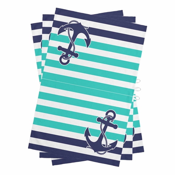 Anchor Turquoise Kitchen Towels Set of 3, Water Absorbent Dish Towel, Modern Navy Blue White Striped Nautical Decorative Hand Towels - Quick Drying Cloth for Cooking Baking, 18x28 Inch