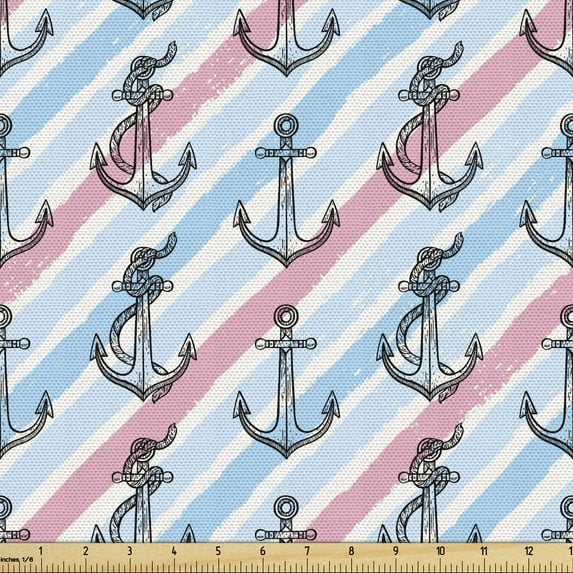 Ambesonne Anchor Fabric by the Yard Upholstery, Abstract Ocean Anchor, 3 Yards, Pale Blue Pale Pink