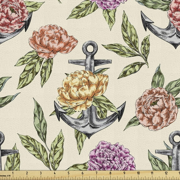 Ambesonne Anchor Fabric by the Yard Upholstery, Nautical Concept Peonies, 3 Yards, Multicolor