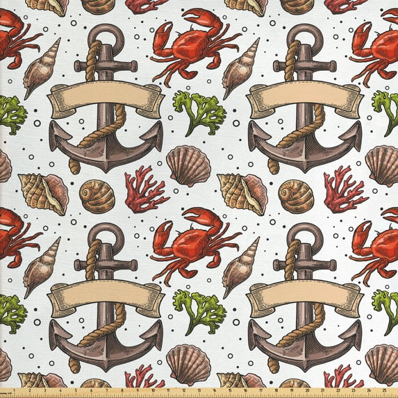 Ambesonne Anchor Fabric by the Yard Upholstery, Vintage Aquatic Theme, 5 Yards, Multicolor