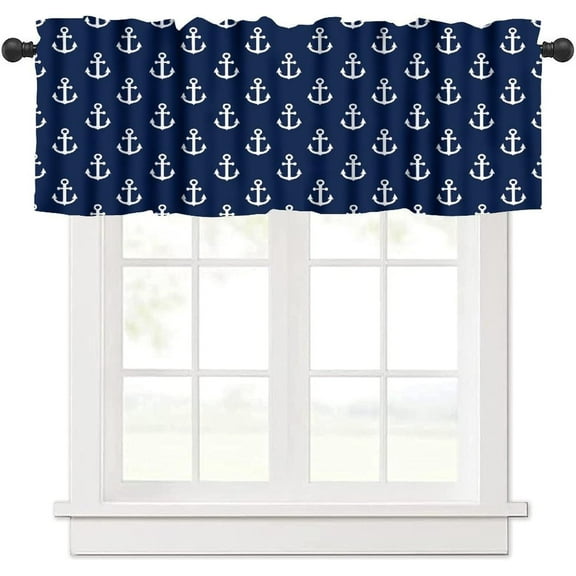 Anchor Valance Curtains Vintage Rustic Ocean Nautical Style Navy Blue White Rod Pocket Curtain Valance for Kitchen Bedroom Living Room Decor 1 Panel W54xL18 Inch