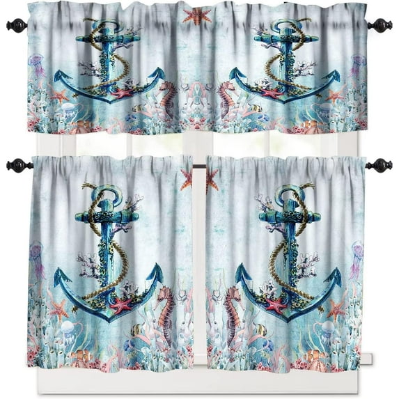 Anchor Valance and Tier Set, Hawaiian Ocean Animal Teal Small Half Window Tier Curtain, Valance Window Treatment Decor for Kitchen/Bedroom 54x18 & 27x24x2, 3 Panel