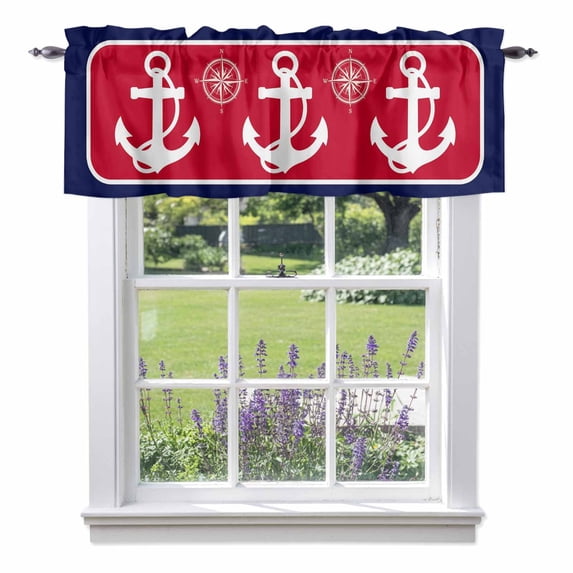 Anchor Valances for Windows Compass Nautical Navy Blue Red Rod Pocket ...