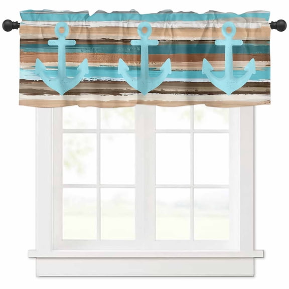 Anchor Valances for Windows Farmhouse Kitchen Curtains Valances Rod Pocket Valance Curtains for Kitchen Windows Blue Green Brown Vintage Wood Grain Nautical Window Valances for Bathroom 42"x18"