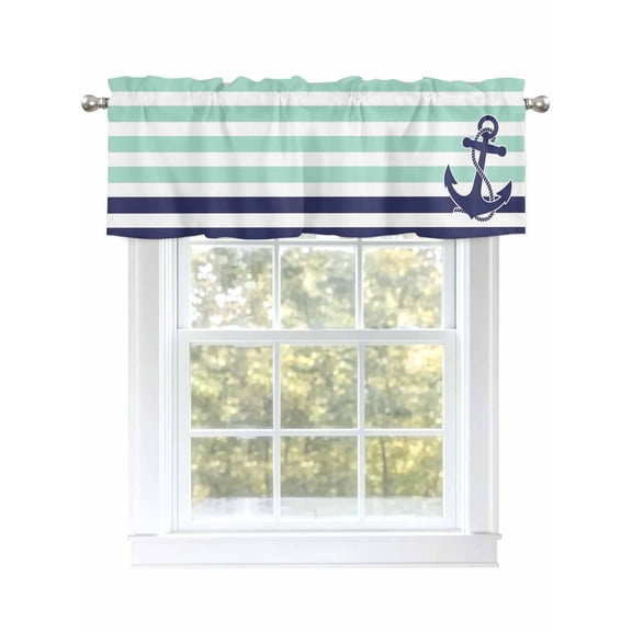 Anchor Valances for Windows, Rod Pocket Kitchen Valance Curtains - Soft & Washable Small Window Treatment for Living Room,&nbsp;Bathroom, Navy Blue Aqua , 42x12 Inch, 1 Panel
