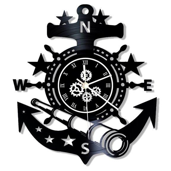 Anchor Wall Clock, 12 Inch Nautical Marine Wall Clock, Silent Quartz Non Ticking Battery Operated Modern Decorative Analog Vinyl Record Clock Wall Watch for Navigator Sailors Seaman Gift