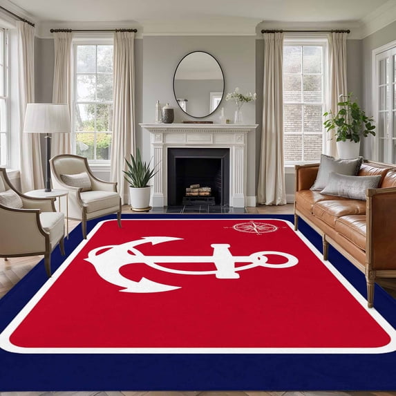 Anchor Washable Living Room Rugs 5'x7', Compass Nautical Navy Blue Red Low Pile Throw Large Area Rugs Non-Slip Sturdy Edge Binding Carpet for Dining Room Bedside Kitchen