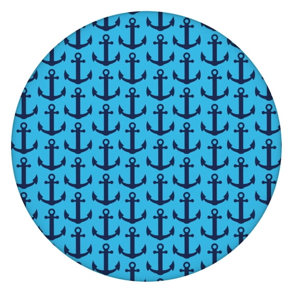 Anchor & Wave Round Fitted Tablecloth, Nautical Windproof Elastic Table Cover 100% Waterproof for Kids/Pets, Easy-Clean Surface (52 Inches)