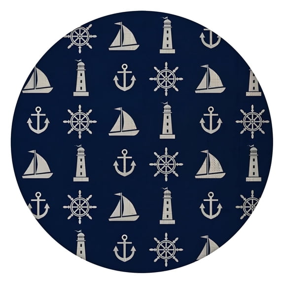 Anchor & Wave Round Fitted Tablecloth, Nautical Windproof Elastic Table Cover 100% Waterproof for Kids/Pets, Easy-Clean Surface (52 Inches)