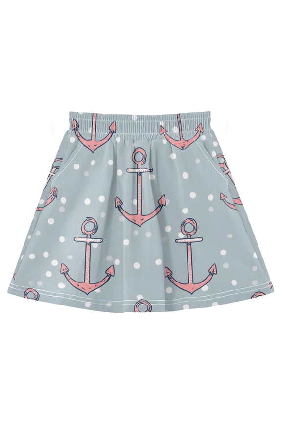Anchor White Dot Pattern Cotton Skirt Built-in Liner Elastic A-Line Flared Skirt with Pockets