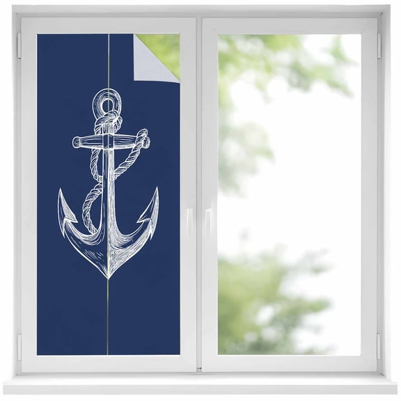 Anchor Window Privacy Film Nautical Knot Navy Blue Decorative Glass Window Film UV Blocking Static Cling Non-Adhesive Sticker Covering for Home Door 17.7 x 39.3 inches