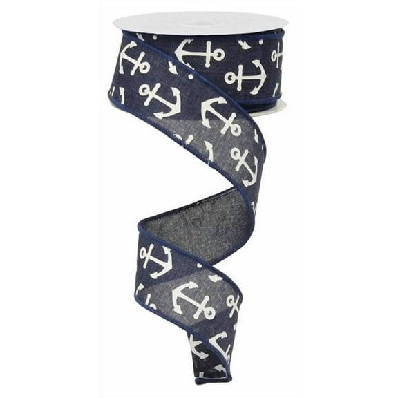 Anchor Wired Ribbon, Blue & Ivory, 1.5 inch x 10 Yard, Boat, Nautical, Ocean, RG0148819