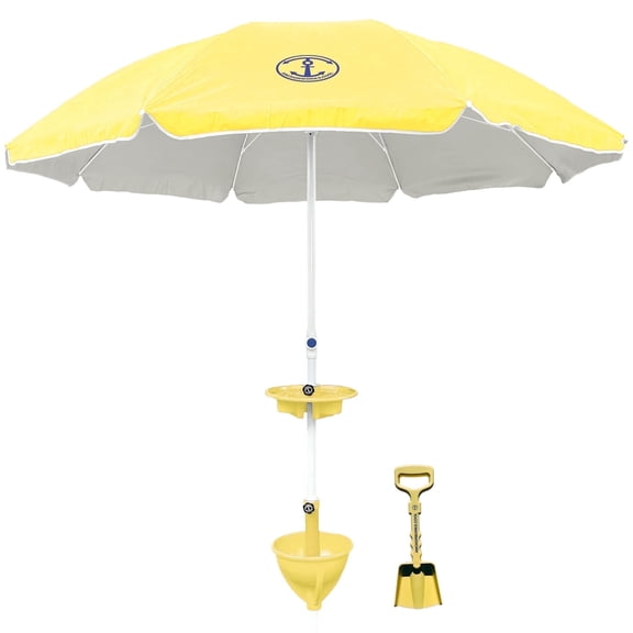 Classic 7ft Beach Umbrella & AnchorONE Sand Anchor Kit, Mellow Yellow, UPF50+