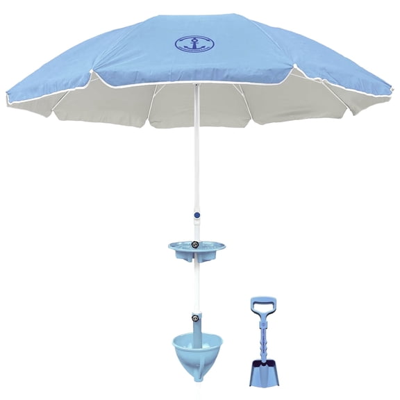 Classic 7ft Beach Umbrella & AnchorONE Sand Anchor Kit, Sky Blue, UPF50+