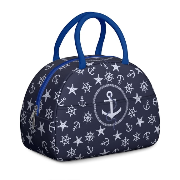 Anchor and Compass Print Lunch Box for Women, Seaside Travel Theme with Marine Life and Waves, Durable Leakproof Insulated Tote for Everyday Use